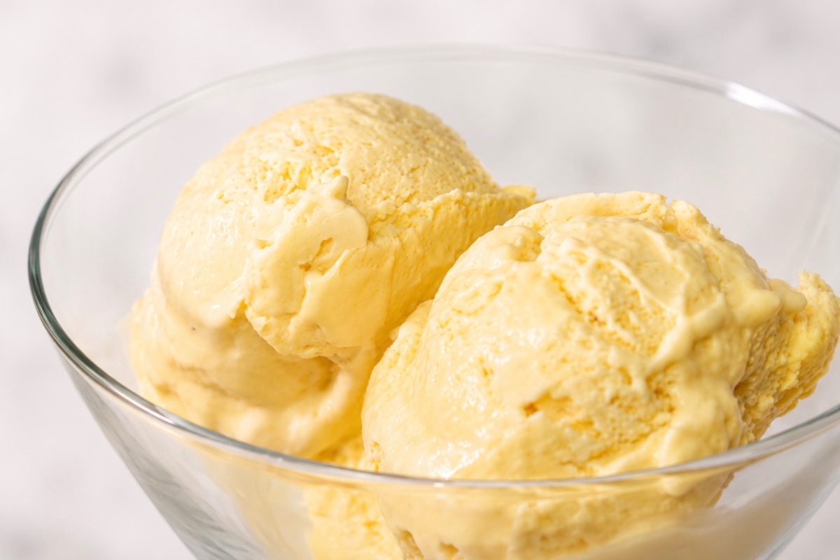 Fresh fruit ice cream made without an ice cream maker, served in a glass bowl, from a live online P2Bridge cooking class