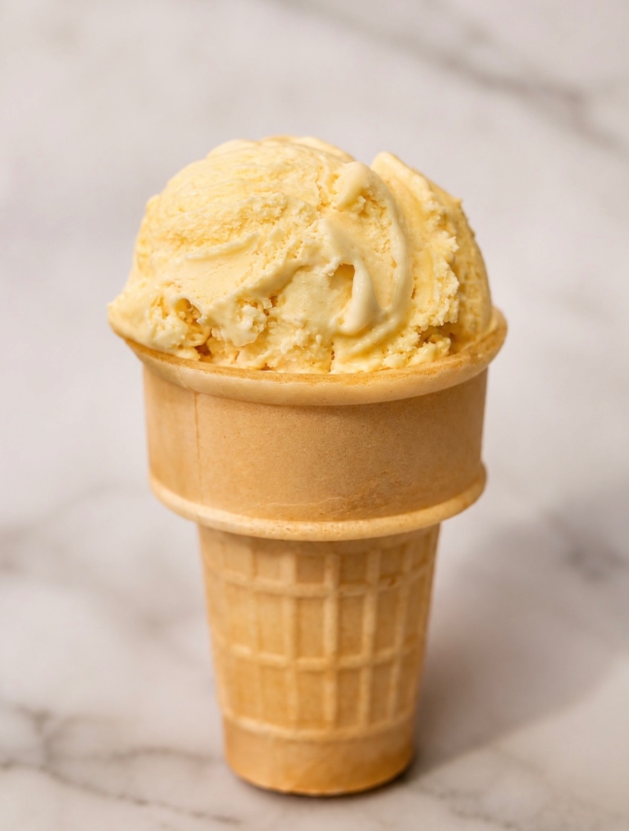 No churn ice cream scooped into a cone, made at home without an ice cream machine in a live online dessert class
