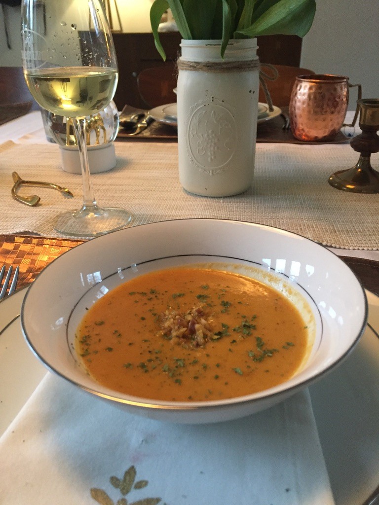 Autumn soup ingredients and finished bowl from a live online seasonal soups class taught by a chef instructor